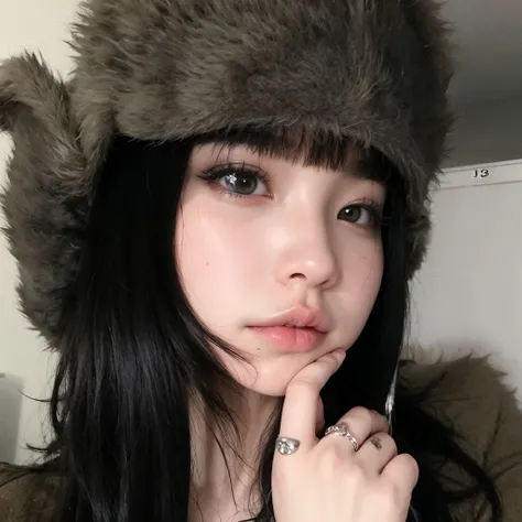 arafed woman with a furry hat and piercings posing for a picture, cruel korean goth girl, shikamimi, chiho, 18 years old, kemonomimi, angiewolf, 1 7 - year - old anime goth girl, asian face, she looks like a mix of grimes, she has black hair with bangs, as...