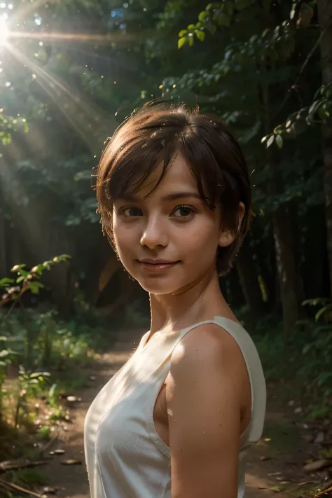 beautiful girl, (((((small)))), showing face, protruding tongue, short hair, brown, 8k, professional photography, delicate, clear, in the forest, sun, light leakage, masterpiece, (beautiful)))), (reality)))), smile, fantastic, angel, young