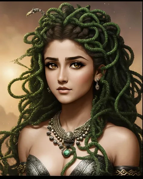 Looks like Nayanthara, arafed woman with a snake head and a snake necklace, beautiful female gorgon, female medusa long hair, long flowing medusa hair, fierce medusa, portrait of teenage medusa, portrait of medusa, medusa gorgon head, very sad medusa, medu...