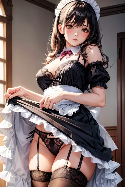 the woman is wearing a Maid clothes standing up on the floor, solo, panties, underwear, skirt, lacy black and pink panties, side-tie panties, satin panties, lying, thighhighs, garter belt, skirt lift, realistic