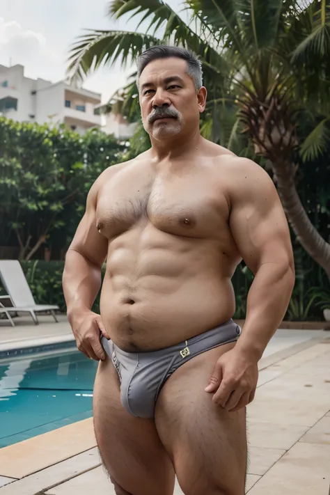 A vietnamese dad with gray hair, mature face, a thick mustache, bear body, wearing big bulging jockstrap standing at the pool, have belly, big muscular chest.
