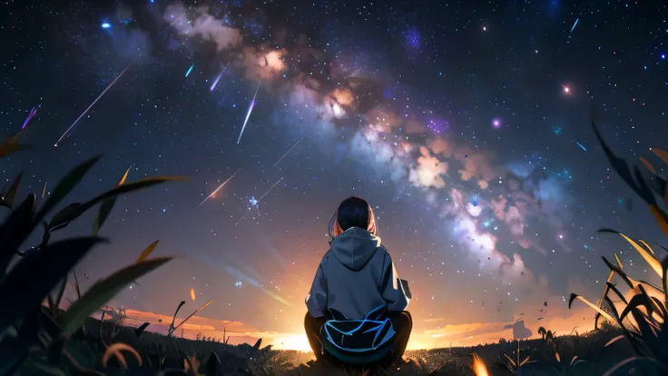 woman観察 (Orionid meteor shower), Orionid meteor shower, beautiful, woman, hoodie, woman一人きり, camp, campファイヤー, watching the Orionid meteor shower, from behind, from below, outdoors　bonfire　bonfireが中央　anime style　growing up　beautiful星　nebula　bonfireは1つ