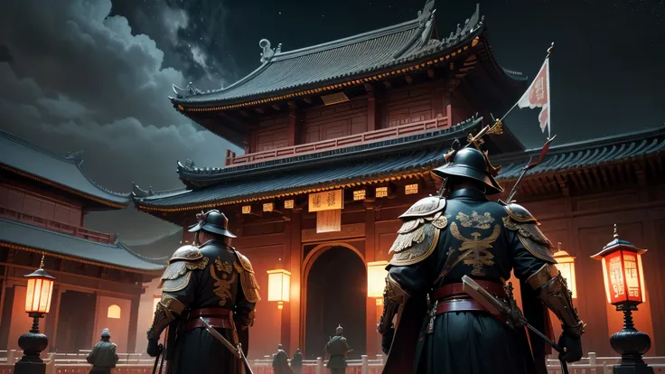 the quality of, ultra high resolution，masterpiece, （reality，detail，close up）Classical Chinese architecture，heavily guarded palace，Soldiers on patrol，spear，dark sky