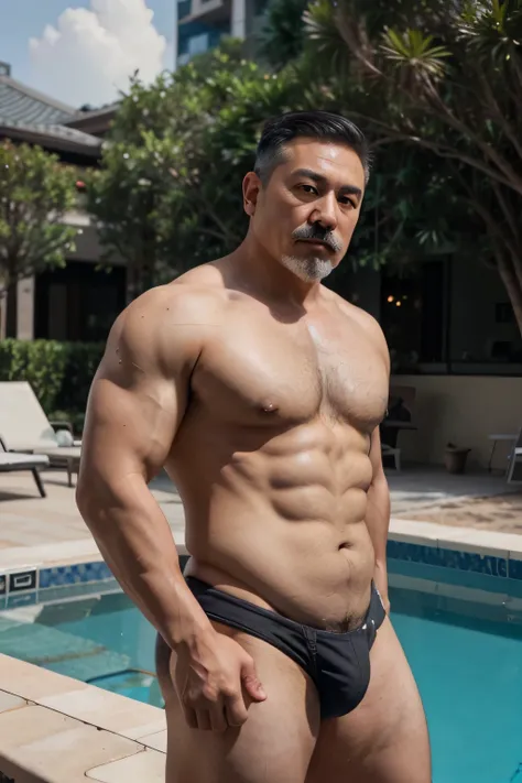 A chinese daddy with gray hair is fucking a boy, mature face, a thick mustache, a short chin beard, muscle bear body, wearing big bulging jockstrap standing at the pool, have belly, big muscular chest.
