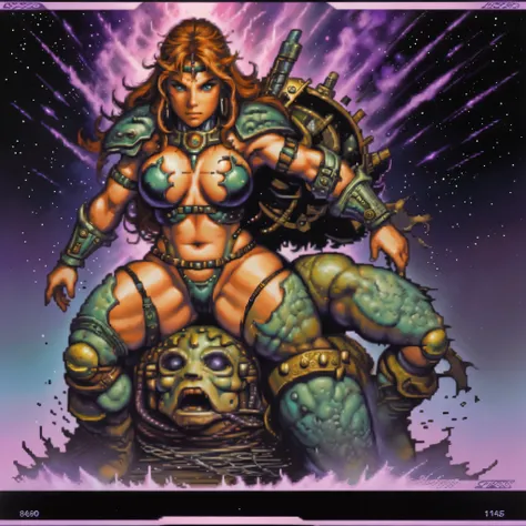 One barbarian girl, space-warrior girl, cyborg girl, beautiful bbw girl, chubby girl, woman-warrior, whole body, nude body, Perfect skin, space background, dark fantasy, Luis Royo style, Science fiction, 80s, 16-bit game, VHS era, planet in space backgroun...