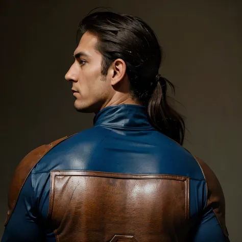 A male super hero in a serious look side rear view with half turned face 