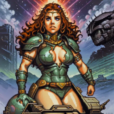 One barbarian girl, red head, space-warrior girl, cyborg girl, beautiful bbw girl, chubby girl, woman-warrior, whole body, nude body, Perfect skin, space background, dark fantasy, Linsner style, Science fiction, 80s, 16-bit game, VHS era, planet in space b...