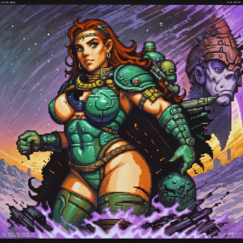 One barbarian girl, red head girl, space-warrior girl, cyborg girl, beautiful bbw girl, chubby girl, woman-warrior, whole body, nude body, Perfect skin, space background, dark fantasy, Linsner style, Science fiction, 80s, 16-bit game, VHS era, planet in sp...