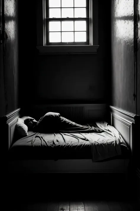 A young man, with a narrow build, lies embracing a distorted, almost surreal fish on a narrow mattress. The scene unfolds in a decrepit room, where cobwebs blanket the walls and empty window frames reveal only the outside world in small, dimmed windows. Ca...