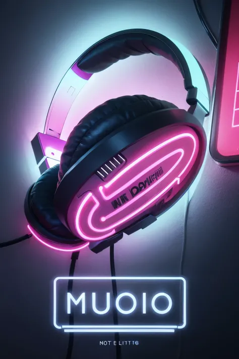 Texto sobre muro escrito con luces de neon en colores fucsia y azul que diga "Blue Stream" with headphones and play icon
