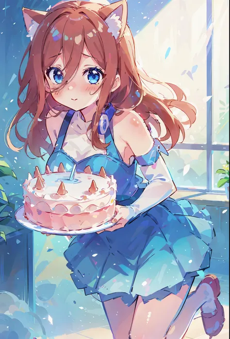 miku nakano wearing a pretty dress, neko ears, cat ears, nekomimi, neko girl,, miku holding a birthday cake, sparkling blue_eyes...