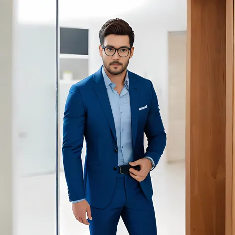 Realista, (obra-prima, melhor_qualidade:1.1), A bespectacled man standing in front of a glass door with a cross, Zegna, derrubar+7, aberturas duplas, lapelas, bolsos com aba, Closure with 2 buttons, totalmente forrado, Desconstruído, 100%+wool, Cinzento, f...