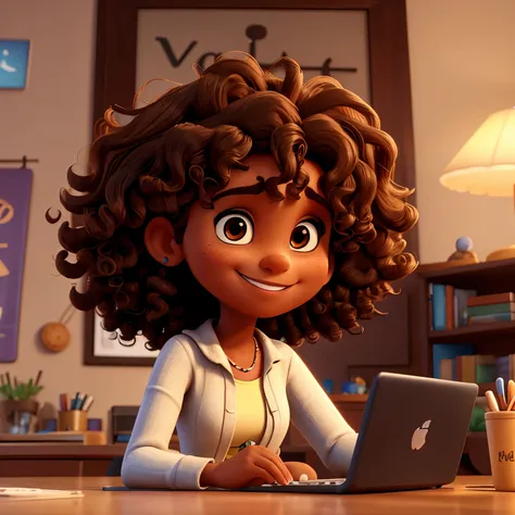 create an image of a brown woman with medium curly hair smiling with a laptop in her hand, pixar style, disney style, 3d style