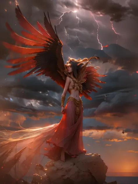 MULHER BONITA na montanha, sunset sky, red sunset clouds, sunset, cabelos longos ao vento, Eagle feathers, eagle queen, goddess dressed in Eagle feathers, fantasia, overexposure, Olhos perfeitos, metallic colors, arte surreal , Corpo todo, barefoot, vista ...