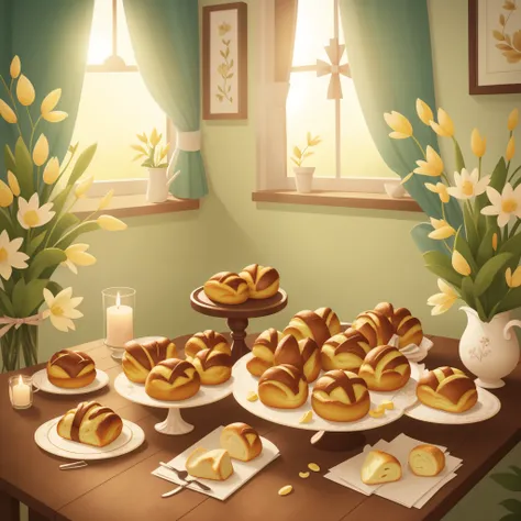 Design a refined, allureing poster for the enchanting home bakery, Home Kneads, showcasing their scrumptious Hot Cross Buns in celebration of the Easter season. The poster, delicate and tasteful, should resonate with Christians while steering clear of exce...