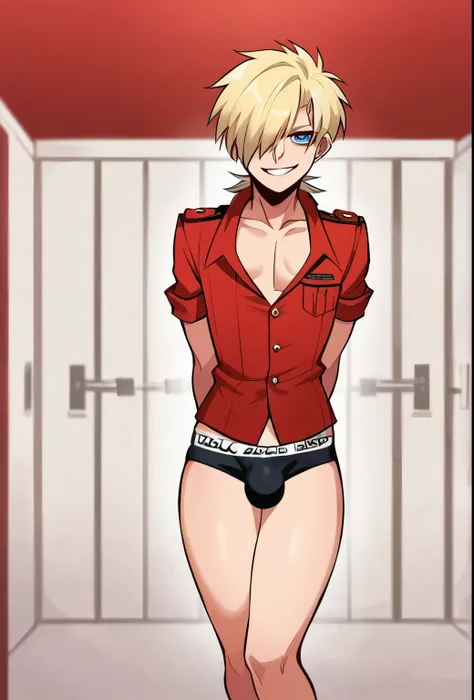 score_9, score_8_up, source_anime, solo, seras victoria, hellsing, smug sinister expression, Sinister, evil, looking at viewer, arms behind back, blonde hair, hair over one eye, blue eyes, Chines edress, red gown,, sexy, flat chest, femboy, male, 1boy, gen...