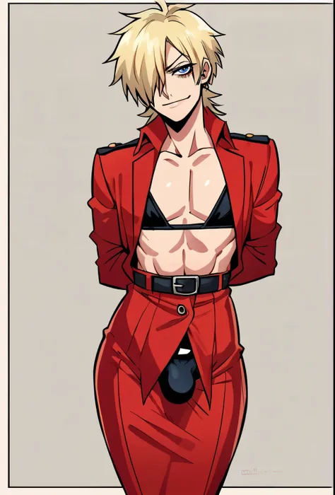 score_9, score_8_up, source_anime, solo, seras victoria, hellsing, smug sinister expression, Sinister, evil, looking at viewer, arms behind back, blonde hair, hair over one eye, blue eyes, Chines edress, red gown,, sexy, flat chest, femboy, male, 1boy, gen...