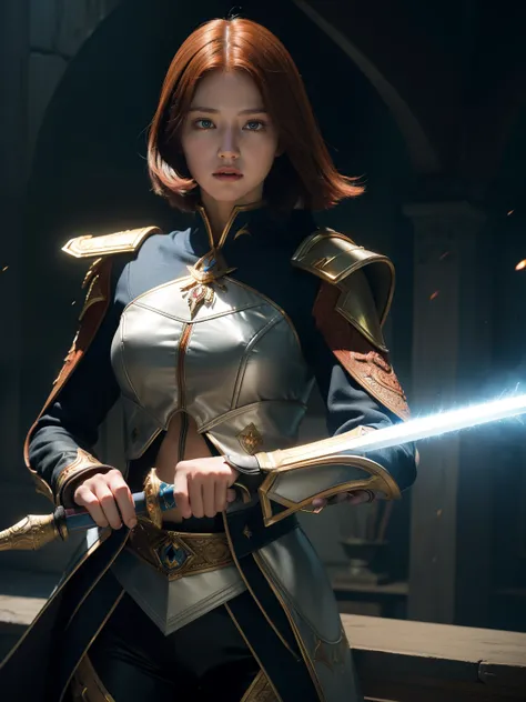 european female, 30 years old, short mahogany hair, big blue eyes, mage with magical translucent two-hand sword, wearing combat outfit for wizards, fire particles, dark, red, yellow and orange, complex details, volumetric lighting, realism BREAK (masterpie...