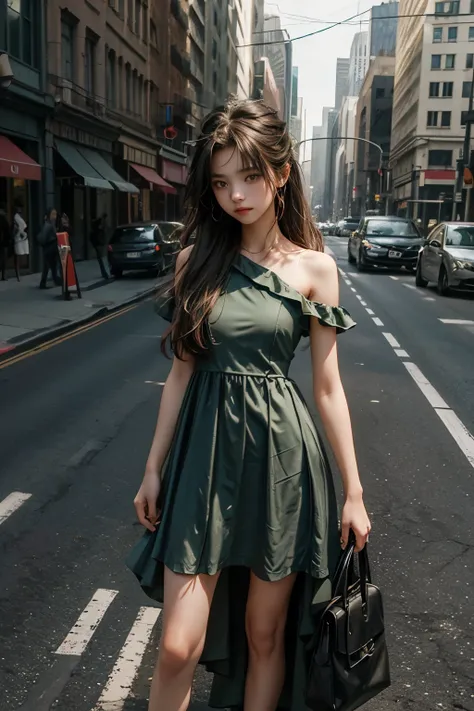 A 16-year-old girl on the side of the street, facing us, wearing a knee-length dress, shoulder-length hair in a dark green dress.