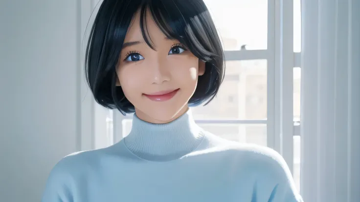 1 female、28 years old、美new髪, black hair、shortcut、bob cut、Also々new、slanted eyes、eyeliner is clear 、light blue eyes、long face、big smile、small bust、light blue long sleeve turtleneck