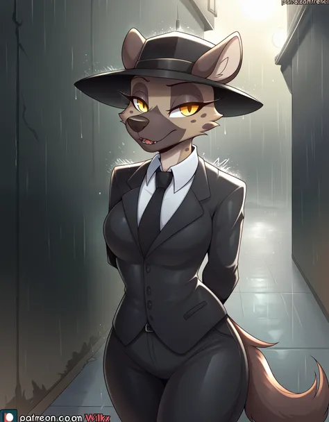 score_9, score_8_up, score_7_up, score_6_up, score_5_up, score_4_up, furry, questionable, anthro hyena woman mafia boss, suit and tie, hat, glowing yellow eyes, monochrome, alley, raining, night, noir, solo, hands behind back, striking image, by r-mk, deta...