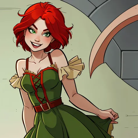 Redhair, green eyes, happy expression, short royal dress, short hair