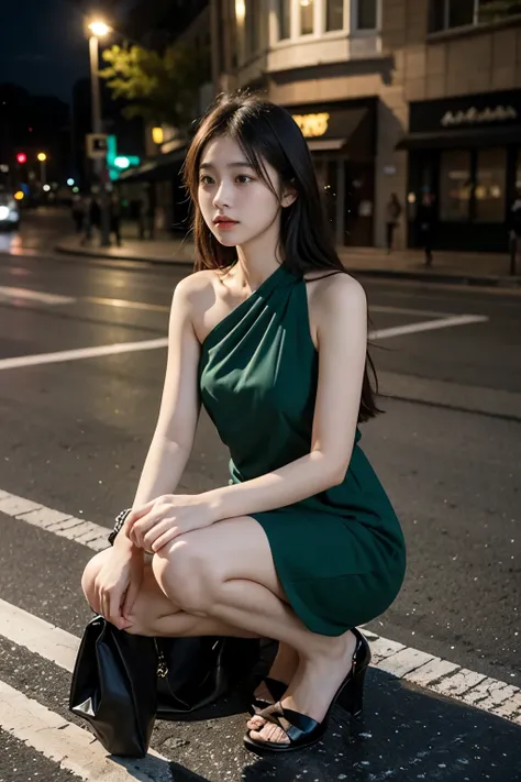 a 16-year-old girl on the side of the street, facing us, wearing a knee-length dress, shoulder-length hair in a dark green dress...