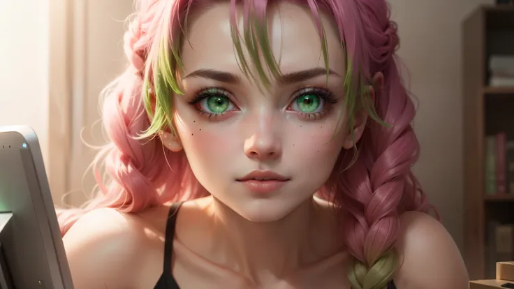 mitsuri kanrodzi, mitsuri kanrodzi, hair, gradient hair, (green eyes:1.5), green hair, long hair, a mole,  a mole under eye, mul...