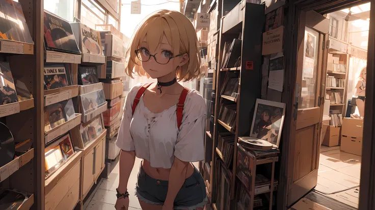 ((1girl)), one 21 year old girl, short blonde hair, glasses, choker collar, red bra, jean shorts, record store, records, vinyl, standing, cowboy shot, open door, open window, dramatic lighting, cinematic lighting,