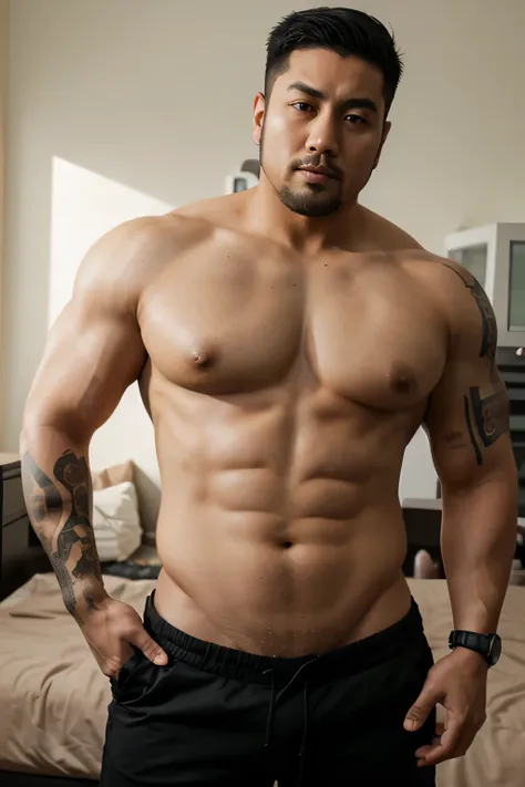 Create an Asian man, con barba, musculoso y gordo, con grandes pectorales, tatuado, con pecho inflado