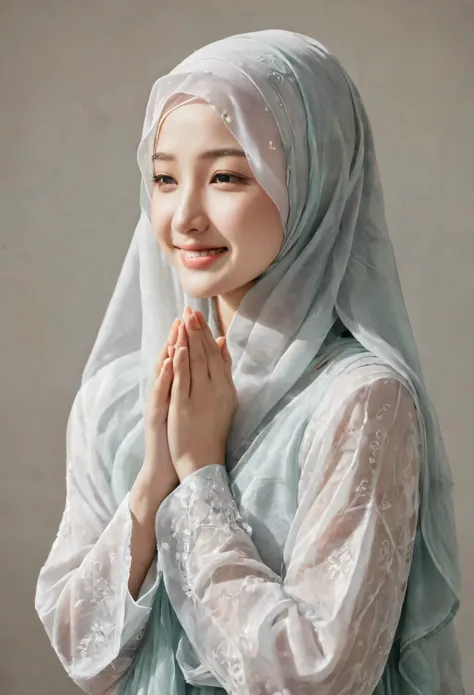 +mukena), 1 girl, 25 year, smile, using a prayer hijab frilly, white background, real_life, from_behind_view