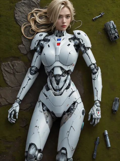 ((masterpiece, highest quality, Highest image quality, High resolution, photorealistic, Raw photo, 8K)), Abandoned robot soldier on battlefield, broken and immobile, rust and moss showing passage of time, female cyborg body, Blonde, female body, biomechani...