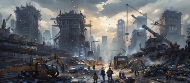 construction workers are walking through a city with a lot of construction equipment, digital concept art of dystopian, stefan k...