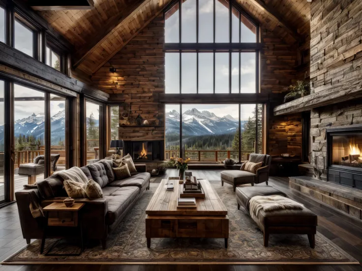 arafed living room with a fireplace and a large window, modern rustic, integrated in the mountains, log cabin beneath the alps, warm interior, chalet, luxurious wooden cottage, rustic stone cabin in horizon, with backdrop of natural light, peaceful wooden ...