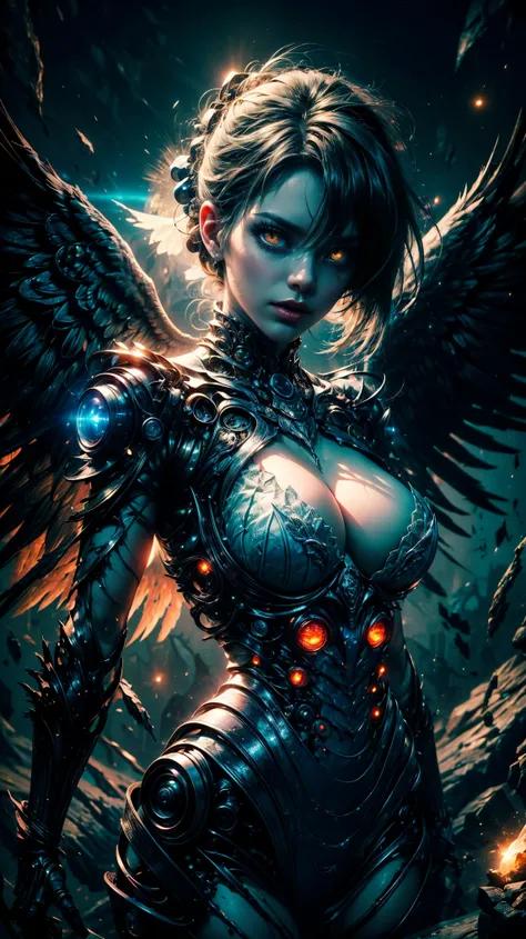 (best quality,4k,high-res,masterpiece:1.2),ultra-detailed,realistic:1.37,cosmic fallen angel,busty,glowing light eyes,biomechanical,eerie,creepy,brightly-colored,light particles,light glowing,mystical,medieval clothes,erotic