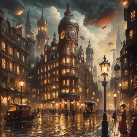 London street in the late 1800s, but with a steampunk twist. Think towering clockwork buildings with smokestacks puffing out steam, gaslight lamps casting an orange glow, and airships gliding silently overhead. Cobblestones slick with rain reflect the gasl...