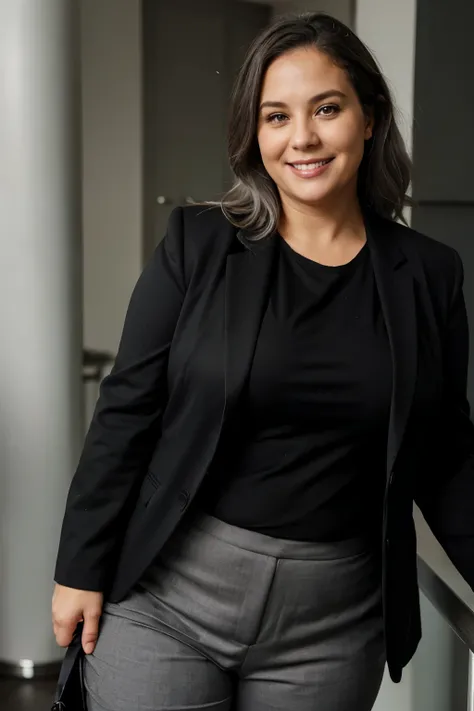 photograph of a chubby, middle-aged, gray hair, smiling woman, wearing a black blazer, black social pants.