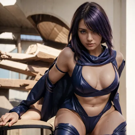 a realistic highly detailed 4k photo of a 20 year old woman with dark and light purple. she is wearing a leather blue bikini and cloth cape, pinterest, 500px, cosplay