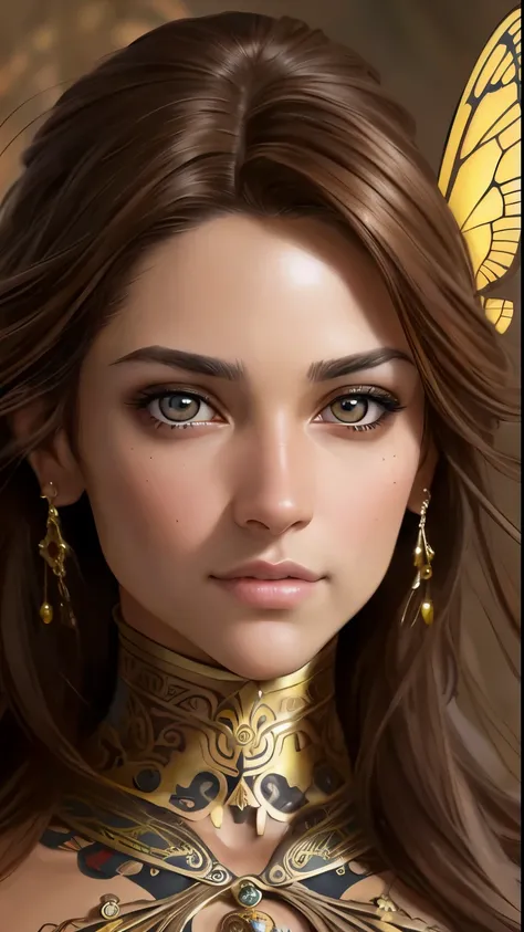 8K portrait of a beautiful cyborg with brown hair, intrincado, elegant, muy detallado, majestuoso, digital photography, arte de artgerm y ruan jia y greg rutkowski pintura surrealista filigrana de mariposa dorada, pieza de vidrio rota, side lighting, hermo...