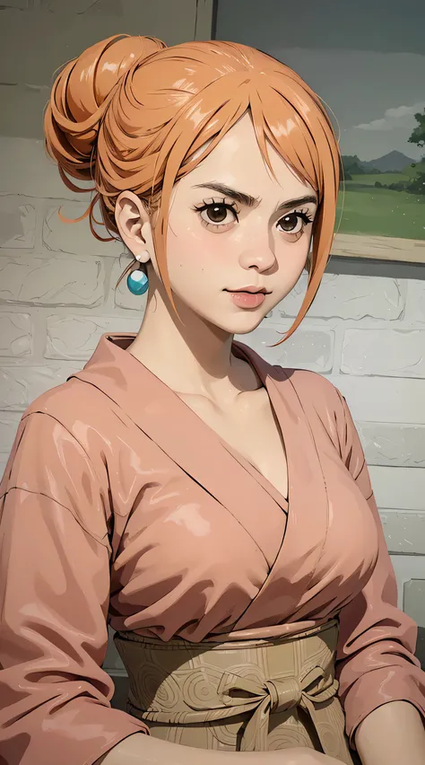 NamiFinal, Nami from the anime One Piece, orange hair, hair in a bun, beautiful, beautiful woman, perfect body, perfect breasts, wearing a kimono, wearing earrings, wearing a watch, in the park, cherry tree, traditional house japan, looking at viewer, slig...