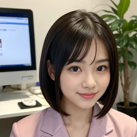 Best-quality, Masterpiece, Ultra-High-Resolution, (Photorealistic:1.4), Raw-Photo, at office, 1girl, 15-years-old, the most famous Japanese idol, (extremely cute face like the most popular Japanese idol, ((extremely beautiful big-black-eyes)), extremely be...