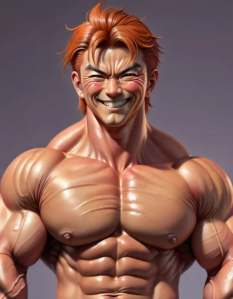 ((Yujiro Hanma)), Retrato 8K, muito realista, musculaire, apaziguado, Souriant, musculaire, detalhado, cheveux roux, tough, assustador, poderoso, mostrando seu poder,