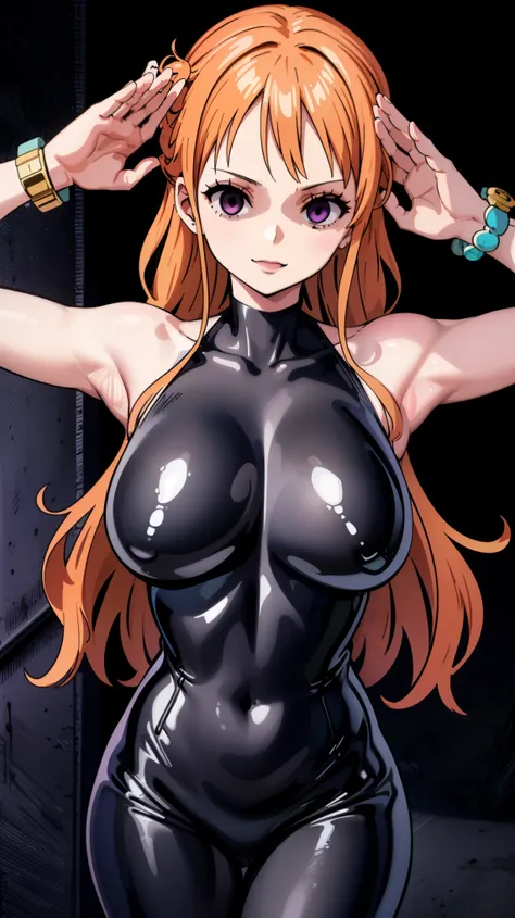 1 girl,NSFW,Nami ,(ONE PIECE),clavicle, ((Eyes glowing purple)),absurd, brainwashing,empty eyes,face with shadow,  (huge breasts 1.2), fearless smile,(black latex tight bodysuit),look away , 全身shape, ((stand up, salute)),(highest quality、4k、8k、High resolut...