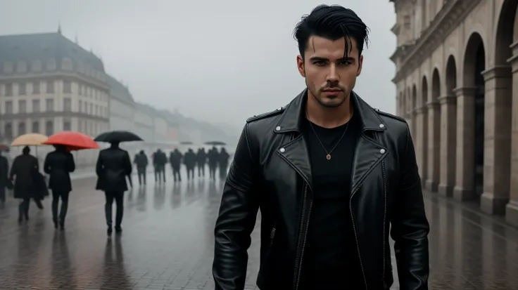 high quality, Realistic , bossy pose, Man, ((European appearance))under rain, black hair,skin texture, leather jacket, dramatic, HDR, complex background, cinematic, Movie, , Impregnated,