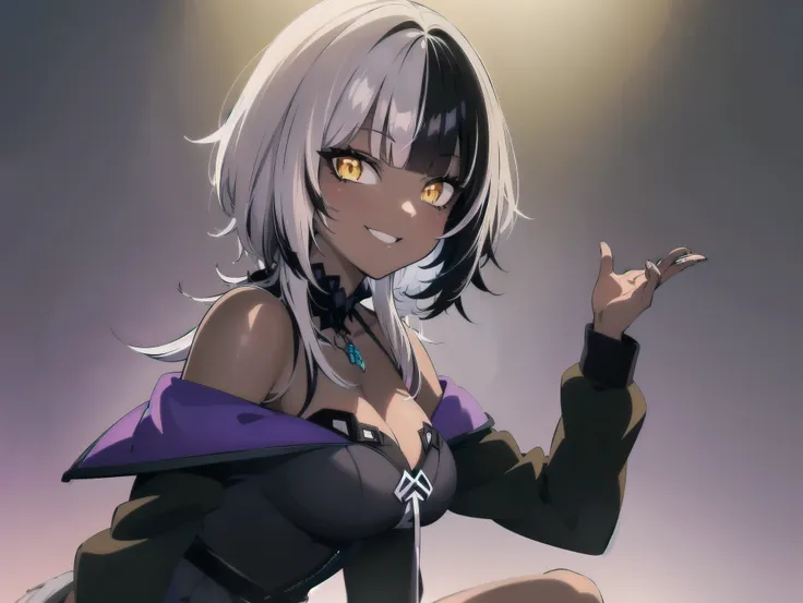 concept art, good lighting, ((cg)), ((1girl)), lolita, ((((dark skin)))), ((((short white hair)))), (((blunt bangs))), yellow ey...