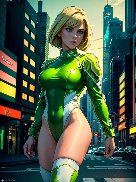 ((best quality)), ((masterpiece)), ((ultra realistic)), american blonde, beautiful detailed face, detailed eyes, sexy us military officer, dressed in a green and white leotard, city backdrop, neon edge lighting, highly detailed, professional, bare legs, fu...