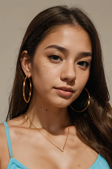 beautiful young female AI influencer, 20-years old, light brown hair with splash or purple color, medium complexion with very slight freckles around the nose and under the eyes, light blue eyes, medium makeup, wearing a blue halter top, mixed race of asian...