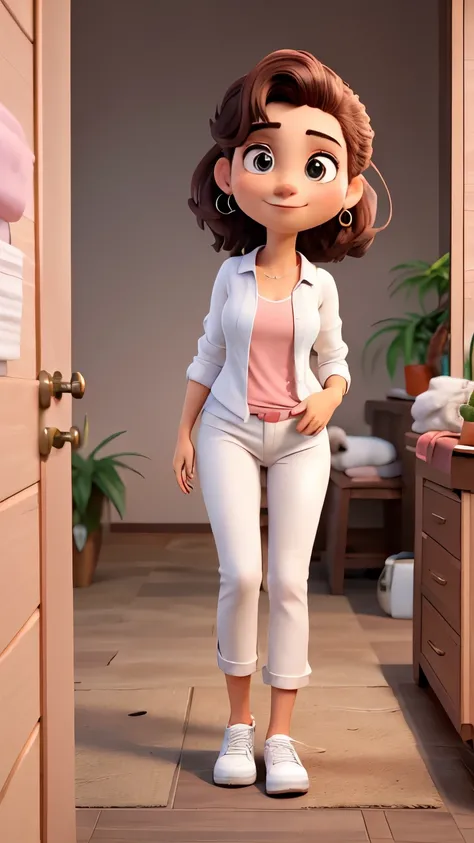 ((melhor qualidade)), ((trabalho de arte)), (detalhado), rosto perfeito, jovem, loira, friendly, cabelos lisos e olhos castanhos, wearing basic clothes, camisa rosa, White pants,in a massage office 