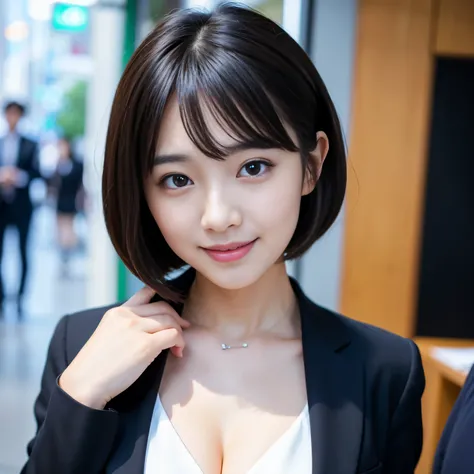 Best-quality, Masterpiece, Ultra-High-Resolution, (Photorealistic:1.4), Raw-Photo, at office, 1girl, the most famous Japanese idol, (extremely cute face like the most popular Japanese idol, ((extremely beautiful big-black-solid-circle-eyes)), extremely bea...