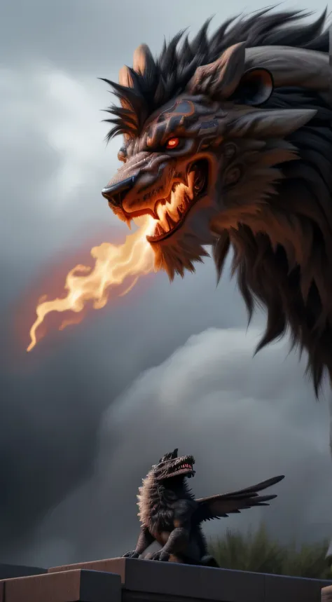 a monstrous lion with black hair and fiery red eyes graces this scene. its mane flows wildly around its intimidating form, and t...